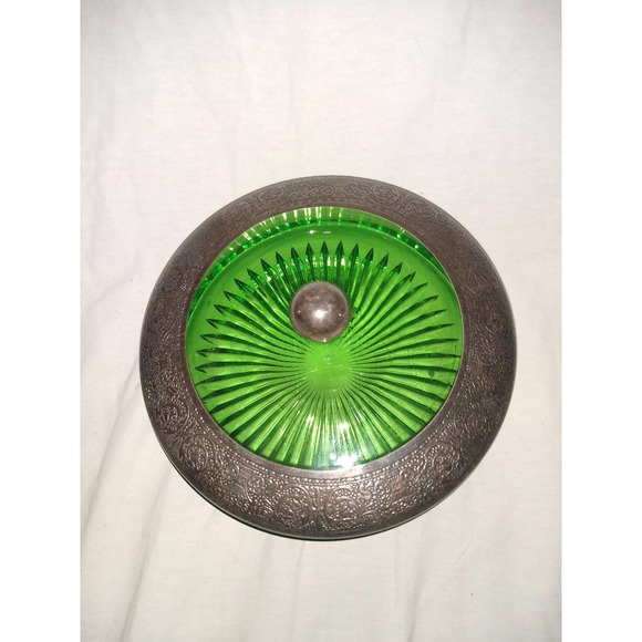 Gorgeous green depression glass covered bowl with ornate metal accented lid - Picture 2 of 6